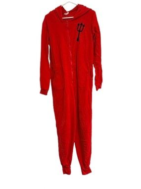 Kids Red Hooded Devil One-Piece Footie Pajamas with Trident Accent